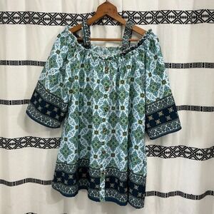 Womens 3X Spiedel Light Button Front Off Shoulder Top Blouse Blue Green Pattern